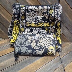 Vera Bradley Quilted Floral Crossbody Bag and Wallet Set - Black, Gray & Yellow